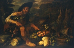 Fruitseller surrounded by Various Fruits in a Wicker Basket by Anonymous