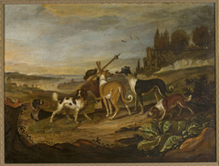 Gundogs against landscape by Cornelis Beeldemaker