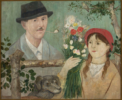 Idyll beside a fence (Self-portrait, girl with flowers and dog)