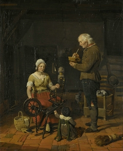 Interior with Peasant Family and Sleeping Cat by Cornelis Kruseman