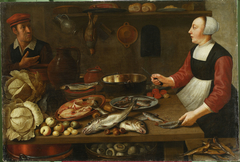Kitchen interior with a female cook. by Floris van Schooten