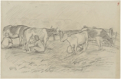 Koeien in de wei, die gemolken worden by Jozef Israëls