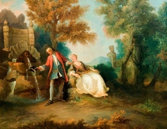 Lady Seated by a Fountain, Attended by a Gallant by Nicolas Lancret