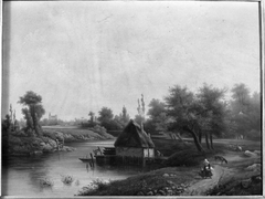 Landscape with a Boathouse on a River by François Antoine Léon Fleury