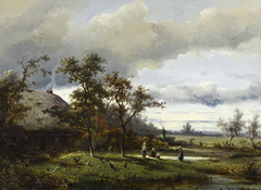 Landschap, drie vrouwen op bleekveld by onbekend