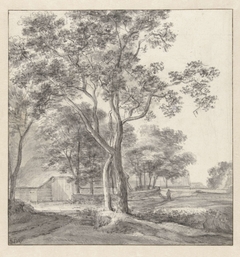 Landschap met bomen rond een schuur by Simon de Vlieger