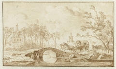 Landschap met een wagen die een stenen brug nadert by Allaert van Everdingen
