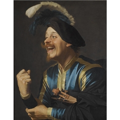 Laughing musician with a violin under his arm by Gerard van Honthorst