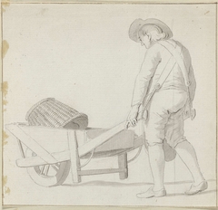 Man kruit kruiwagen met een mand erin by Unknown Artist