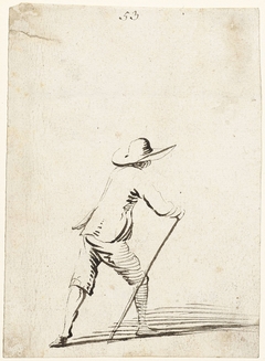 Man leunend op een stok terwijl hij naar rechts loopt, van achteren by Harmen ter Borch