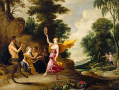 Pan plays the flute before nymphs and satyrs