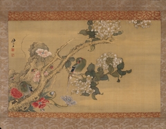Parakeets among Hydrangeas and Poppies by Sō Shiseki