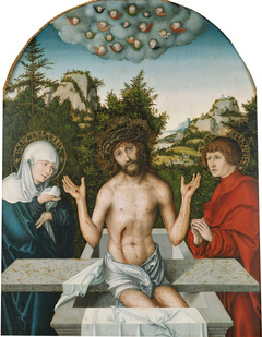 Pfirtscher Altarpiece: Christ as the Man of Sorrows, seated on a sarcophagus between the Virgin and St John