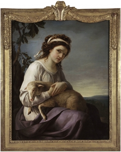 Portrait d'une jeune femme tenant un agneau