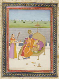 Radha and Krishna sit on a riverside terrace. by Anonymous