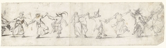 Rij van negen dansende mannen en vrouwen, op de rug gezien by Harmen ter Borch