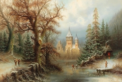 Romantic Winter Landscape with Ice Skaters by a Castle