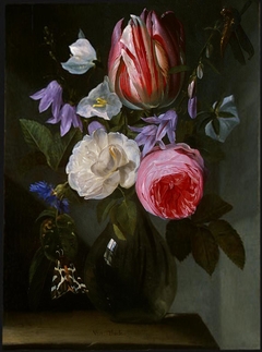 Roses and a Tulip in a Glass Vase
