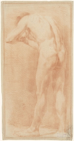 Staand mannelijk naakt, op de rug gezien, voorovergebogen, iets naar links gedraaid by Unknown Artist