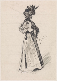 Staande dame, met hoge hoed en de handen in de zij by Jan van Essen