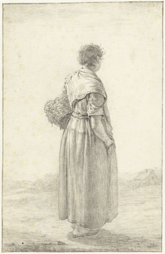 Staande vrouw met een mand onder de arm by Willem Albertus Haanebrink