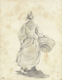 Staande vrouw met mand, op de rug gezien by Pieter van Loon