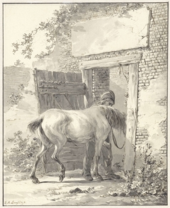 Stalknecht een paard de stal binnenleidend by Jan Anthonie Langendijk Dzn