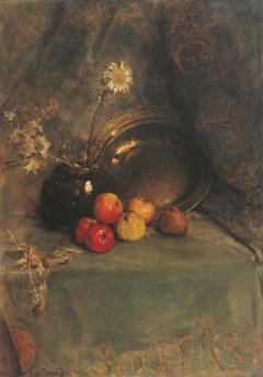 Still life: apples, pot with flowers and metal pan by Piet Mondrian