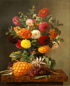 Still Life of Dahlias with Pineapple and Grapes by Johan Laurentz Jensen