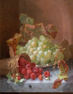 Still Life of Grapes on a Salver, with Raspberries spilling from a Basket on a Ledge and an Illusionistic Fly by Eloise Harriet Stannard