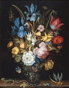 Still life with flowers in a glass berkemeyer with a lizard, frog and dragonfly on a ledge by Roelant Savery