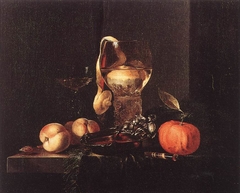 Still life with fruit, glasses and a silver auricular style salver, 1658 by Willem Kalf