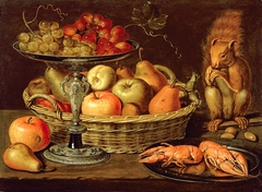 Still life with grapes on a tazza, a basket of fruit, two crayfish on a plate and a squirrel