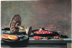 Still life with tazza, biscuits, berries with spoon, and fallen wine glass by Johannes Kuveenis