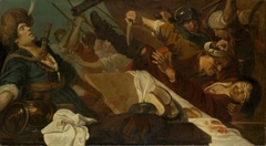 Struggle among the pirates; Pelorus stabbing his rival Trachinos (Heliodorus: Aethiopica) by Karel van Mander III