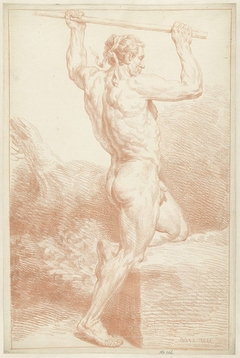 Studie van een mannelijk naakt, op één knie, met een stok boven het hoofd by Louis Fabritius Dubourg
