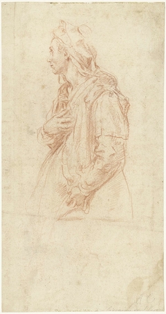 Studie van een staande jonge vrouw, en profil naar links by Bernardino Poccetti