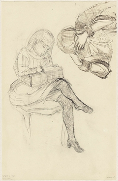 Studies van een lezend en een tekenend meisje by Jozef Israëls