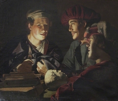 Three Men examining an Antique Head by Candlelight by manner of Gerrit van Honthorst