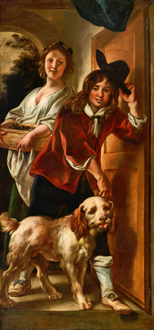 Trompe l'oeil door piece of a maid, a boy taking off his hat and a dog