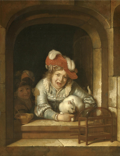 Two Children playing with a Cat with a Bird in its Jaws