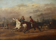 Two Horsemen racing on a London Street by Anonymous