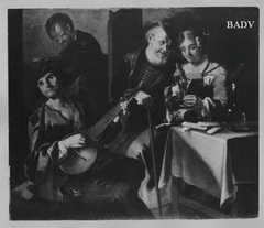 two musicians, young woman with dog, old man
