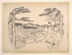 Two Women Admiring the Sights from a Vantage Point Overlooking the Zenpukuji Temple by Utagawa Sadahide