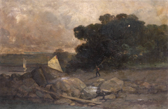 Untitled (landscape with rocks, man and sailboats)