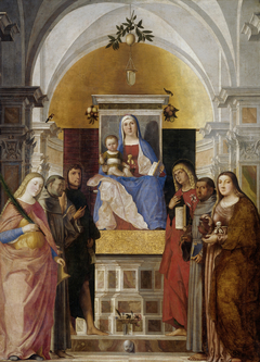 Virgin and Child with Saints Catherine, Francis, John the Baptist, Mary Magdalene, Antony of Padua, John the Evangelist by Marcello Fogolino