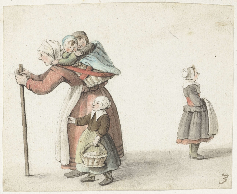 Vrouw met twee kinderen in een draagmand