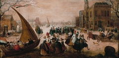 Winter landscape with numerous elegantly-dressed figures skating on a frozen river, with an ice yacht by Adam van Breen