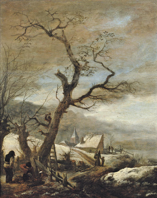 Winter landscape with woodcutters and travellers on a path to a village
