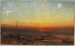 A Boat and Breakwater by the Seashore at Sunset by James Francis Danby